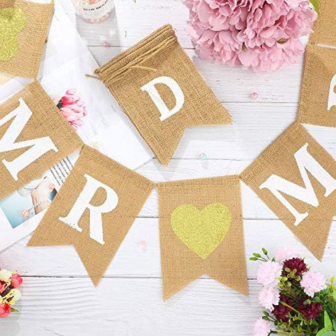2 Pieces Mr and Mrs Banner, Just Married Burlap Wedding Bridal Shower Garland for Party