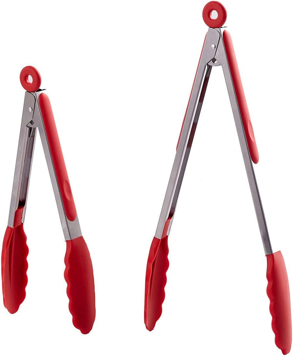 Kitchen Tongs Set of 2 – 9 inch & 12 inch Stainless Steel Food Tongs with Silicone Tips, Red