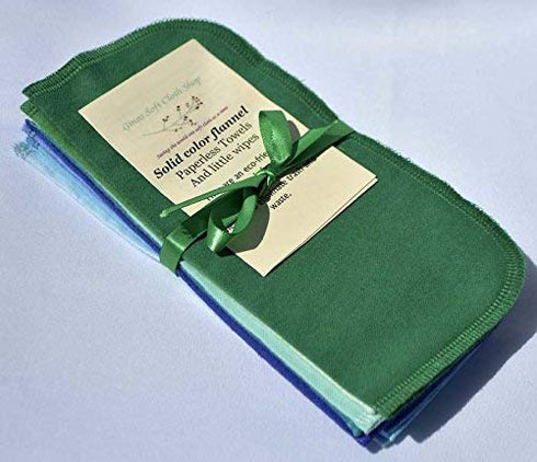 1 Ply Solid Color Flannel Wipes, 8x8 Inches, Set of 10 Assorted Blues and Greens, Made in the USA