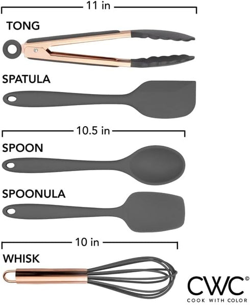 COOK WITH COLOR Silicone Cooking Utensils, 5 Pc Kitchen Utensil Set, Easy to Clean, Grey and Copper