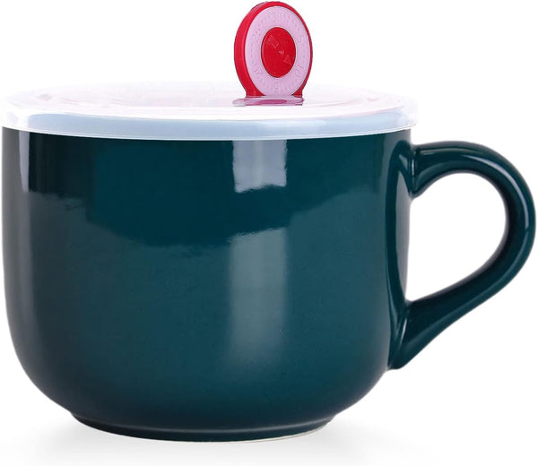 WHJY Simple Ceramic Soup Mugs with Lid, 22 oz Soup Cups with Handle, Microwave Oatmeal Bowl for Milk, Tea, Coffee, Dark