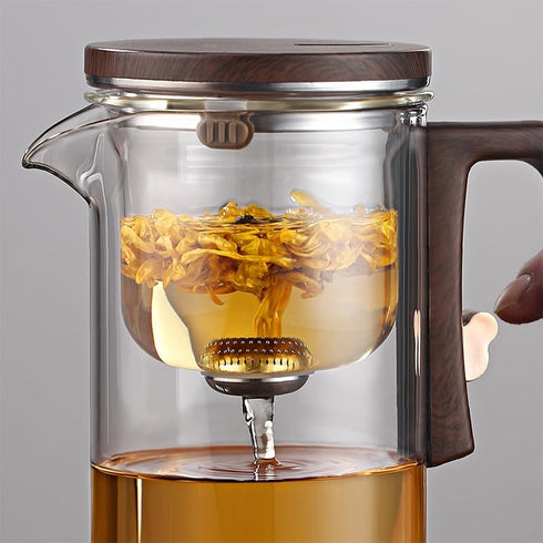 900ML Enchanti Magic Tea Pot, Water Separation Glass Teapot with Wooden Handle, Press Control Enchanti Tea Infuser