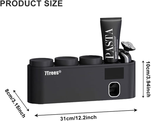 Toothbrush Sanitizer with Self Adhesive Holder, 3 Cups, Automatic Toothpaste Dispenser Set (Black)