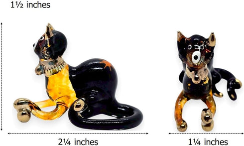Tiny 2¼" Black Brown Crouching Play Ball Cat Figurine - Miniature Hand Blown Painted Glass