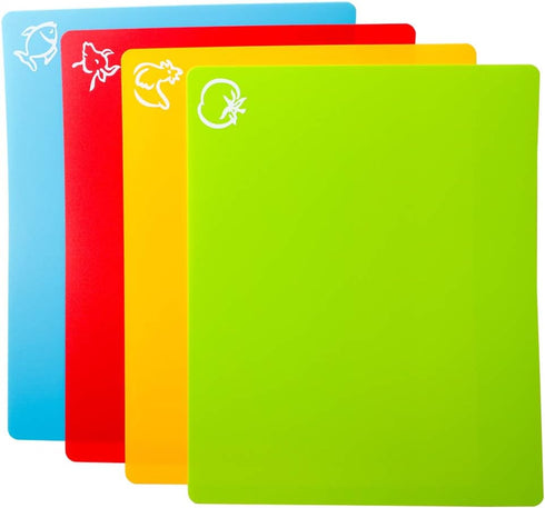 8pcs Flexible Plastic Cutting Board Mats, 2 Pack Colored Mats with Food Icons, Set of 4