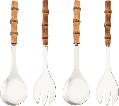 Serving Spoon and Fork Set, 304 Stainless Steel Utensils with Natural Bamboo Handle, 10" Long