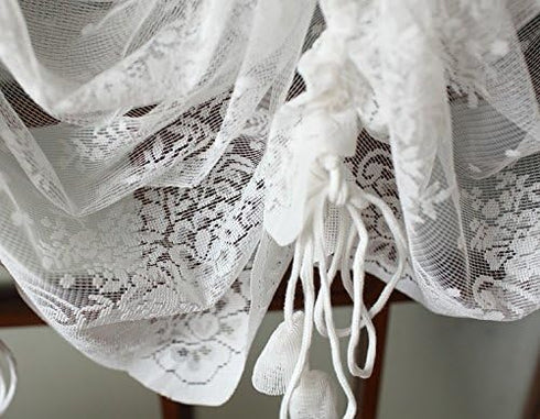 FADFAY Lace Balloon Curtain, White Adjustable Tie-Up Shade, 1 Panel Floral Tulle Curtains for Windows