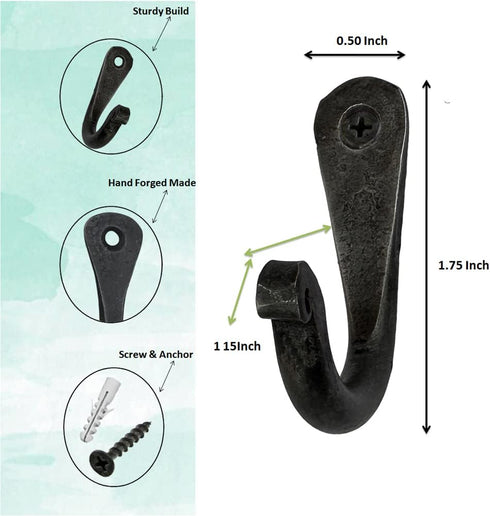Hand Forged Metal Wall Hook Set, 12 Pcs Wrought Iron Handmade Hooks for Plant & Mug Farmhouse Kitchen Utensils
