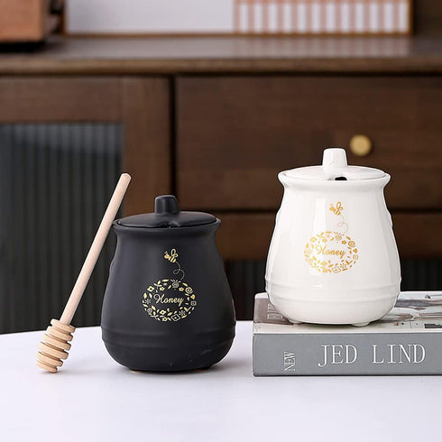 Kosmeey Ceramic Honey Jar with Wooden Honey Dipper-Honey Pot with Dipper- Honey Jar with Stand, Great Bee Decor