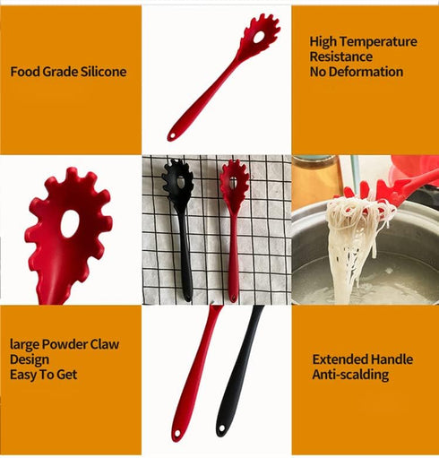 Silicone Pasta Fork (11.5"), High Heat Resistant to 480°F, Hygienic One Piece Design, Spaghetti Strainer