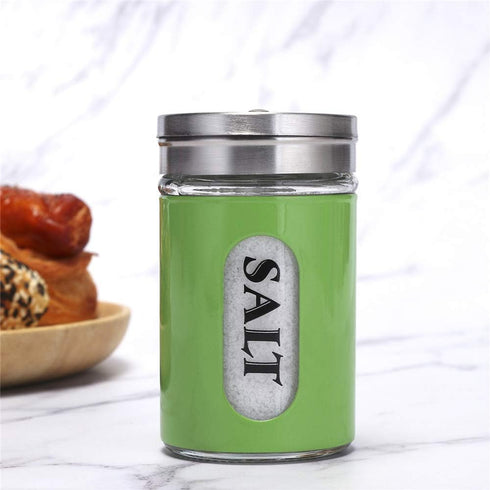 Salt and Pepper Shakers Set, Stainless Steel and Glass with Adjustable Pour Holes (Green)