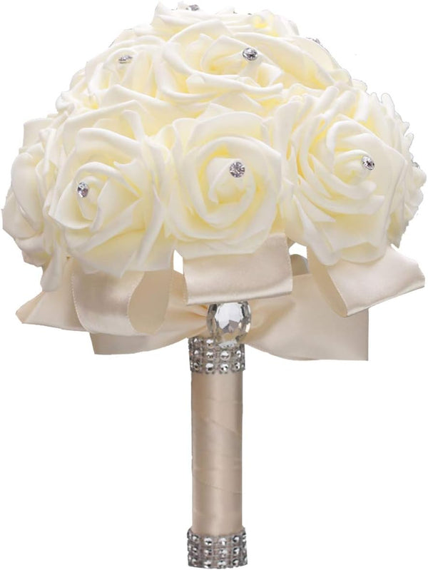 WIFELAI-A Ivory Cream Bouquet with Diamond Soft Ribbons - Artificial PE Rose Bridal Flowers for Wedding, Party, Church