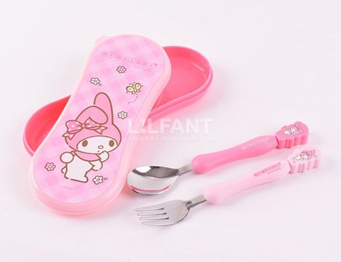 Cute Pink Melody Fork and Spoon Set - Flatware with Case, Tableware Set with Cute Figure, Medium Size