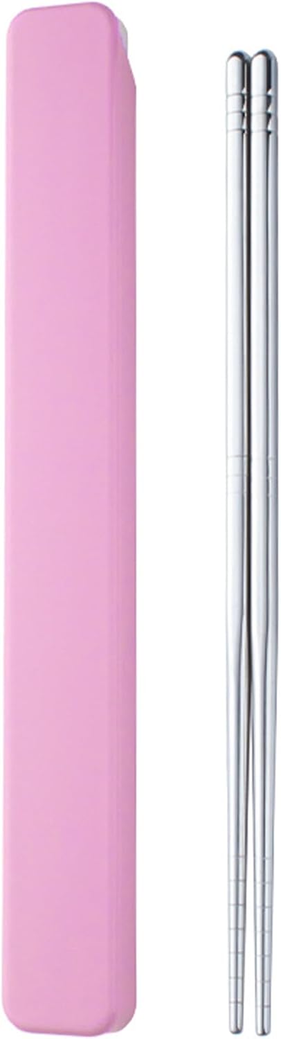 Metal Chopsticks, Reusable Stainless Steel with Pull Design Case for Travel and Bento Box (Pink)