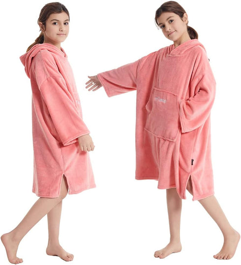 5-12 Hiturbo Kids Towel Changing Robe: Soft Plush Wearable Blanket - Warm Coral Fleece Hoodie - Swim Surf Poncho