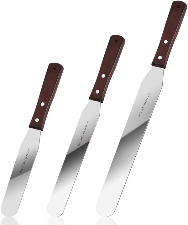 Straight Cake Icing Spatula Set of 3, Professional Stainless Steel Decorating Frosting Spatulas, Wooden Handle
