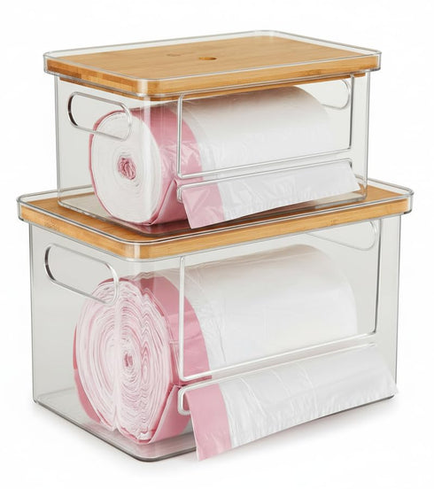 2 Pack Stackable Trash Bag Dispenser with Wooden Top for Large &