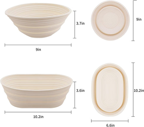 Sourdough Bread Baking Supplies - Set of 2 Silicone Banneton Proofing Baskets, 9 Inch Round & 10 Inch Oval