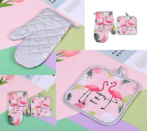 Sohapy Oven Mitt & Potholders Set, Kitchen Heat Resistant, Machine Washable for Cooking Baking Grilling BBQ (Pink)