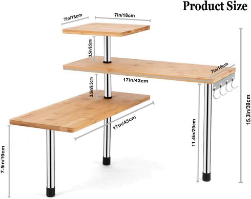 HYNAWIN 3 Tier Corner Shelf, Bamboo & Metal Storage Spice Rack, Adjustable Organizer with Hooks