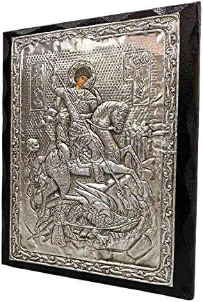 Handmade Greek Christian Orthodox Wood-Metallic Icon of Saint George - 24 X 19cm Solid Wood