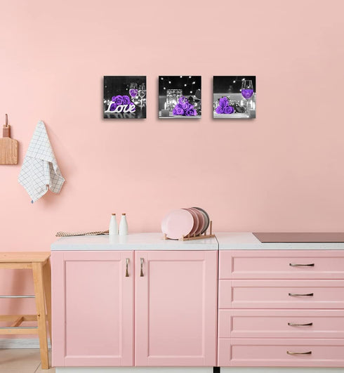 Purple Rose Flower Pictures Wall Art Decor for Kitchen, Wine Glass, Candle, Love, 3 Piece Canvas Prints Set 12x12inch