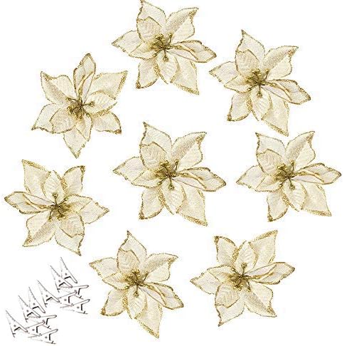 12pcs Glitter Poinsettia Christmas Tree Ornament - Artificial Wedding Flowers for Xmas Tree Wreaths Decor (Red and Gold)