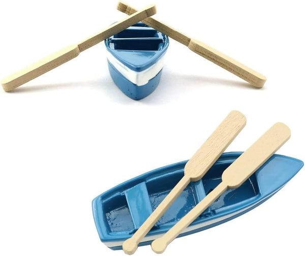 YXQ Miniature Blue Rowboat Set, 2 Little Resin Canoe Models with Oars for Cake Decoration