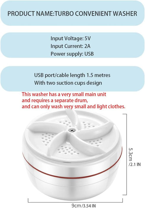 Portable Mini Turbo Washer, Portable washing machine, Mini washing machine portable washer for Underwear, Baby Clothes, or Small Items, for Apartments, Camping, Travel(without barrel)