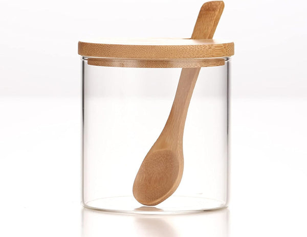 300ML/10Oz Clear Glass Jar with Bamboo Lid and Wooden Spoon, Cute Storage Canister for Kitchen