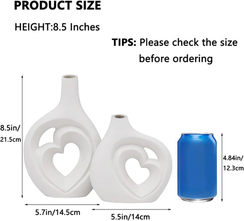 Set 2, 8.5in White Heart Shaped Hollow Ceramic Vase of Modern Nordic Boho Style Vases Home Decor for Table Centerpiece