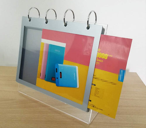 Slant Back Sign Holder, Horizontal Display 5x7 inch PVC Photo Clip Flip Display, 7 Pages-14 Sides Photos