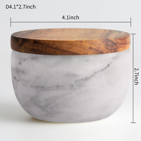 Large White Marble Base Wood Cover Salt Box with Spoon, Solid Natural Acacia Lid, Elegant Design Decorative Boxes, Big