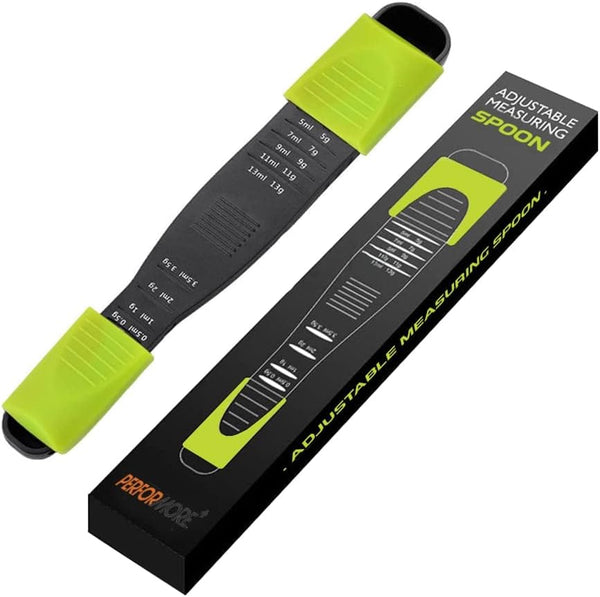 Performore Adjustable Measuring Spoon (Green, Black) with Double End Scale, 9 Stalls for Dry & Semi-Liquid Ingredients