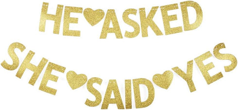 He Asked She Said Yes Banner - Gold Glitter Paper Sign for Wedding, Engagement, Bridal Shower Party Decorations