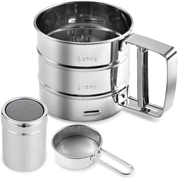 3 in 1 Stainless Steel Flour Sifter for Baking, 3 Cup Sifter for Cakes, Pastries, Cupcakes, Hand Press Design