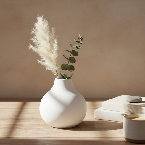 Carrot's Den White Round Vase - Minimalist Nordic, Japandi, Mid Century Modern Home Decor | Table Centerpiece, Wedding