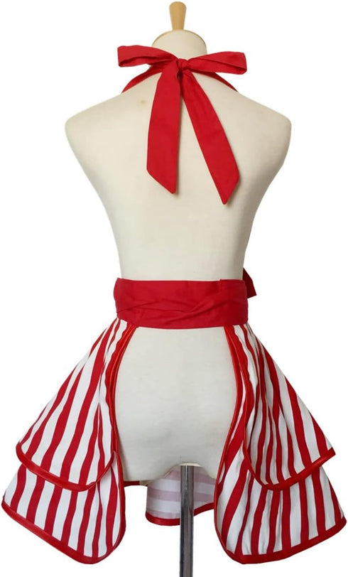 Cute Lovely Violet Mist Retro Aprons for Women, Girls, Vintage 50s Red Striped Kitchen Ruffle Apron, Christmas Gift