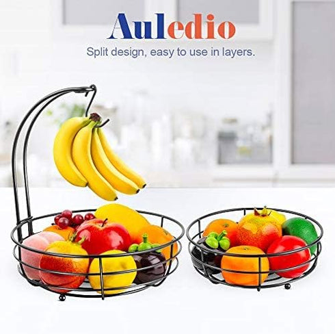 Auledio 2-Tier Countertop Fruit Vegetables Basket Bowl Storage with Banana Hanger, Black, 64 ounces