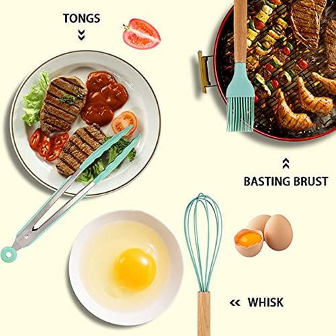 MIBOTE 17 Pcs Silicone Cooking Utensils Set with Holder, BPA Free Wooden Handles for Nonstick Cookware, Teal