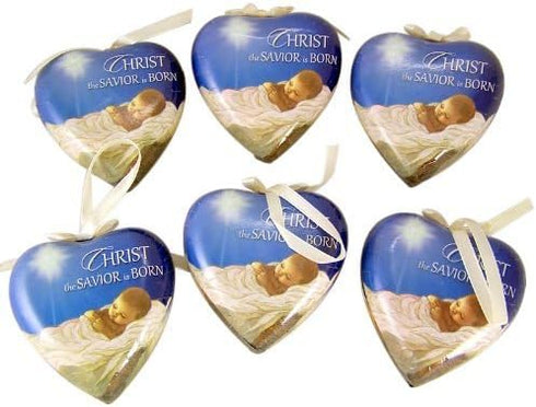Set of 6 Heart Shaped Christ the Savior is Born Decoupage Christmas Ornament