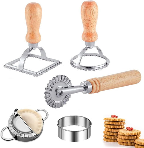 Set 5, Set Ravioli Pasta Cutter Wheel of Ravioli Makers with Roller Ravioli Stamp Cutter with Wooden Handle, Pasta