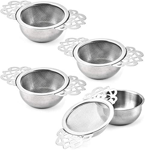 4 Set Tea Strainers with Drip Bowls, Loose Leaf Tea Strainers with Double Winged Handles, Extra Fine Mesh Tea Infuser