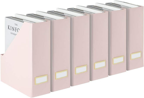 BLU MONACO Set of 6 Foldable Pink Cute Magazine Holders with Gold Label Holders - Stylish Storage for Desk, Shelves,