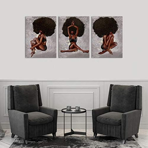 African American Wall Art - Yoga Women Natural Curly Hair Beauty Painting on Canvas