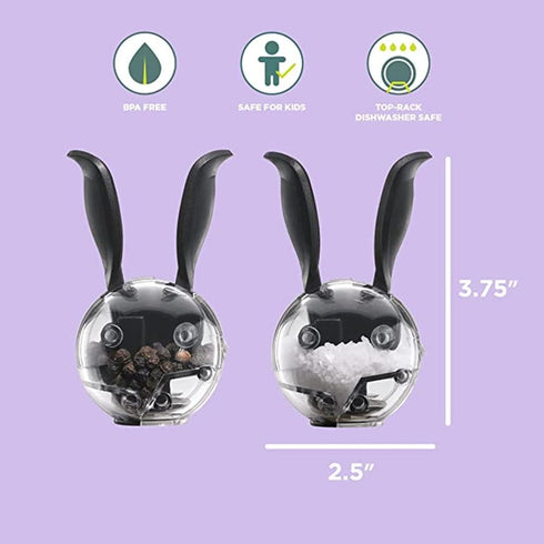 Manual Salt and Pepper Mill Set ,Mini Manual Black Pepper Grinder Multifunction Cruet Spice Grinder Ball Shape Black Rabbit Ears Design Kitchen Tools(2Pcs)