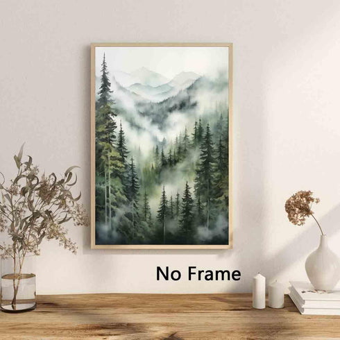 Landscape Watercolor Picture, Misty Forest Poster Mountain Forest Painting Foggy Forest Print Canvas Wall Art 16x24inch