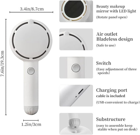 Star Compass Mini Handheld Fan, Battery Operated Rechargeable Portable Fan with LED Light Makeup Mirror, Bladeless