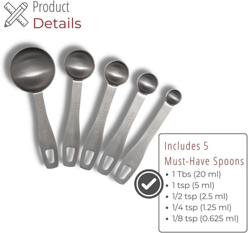 Stainless Steel Measuring Spoons - 5 Piece Heavy Duty Set for Dry Food, Spices, or Liquids