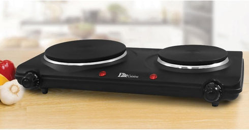 Elite Gourmet EDB-302BF# Electric Hot Plate, Countertop Double Cast Iron Burner, 1500 Watts, Black